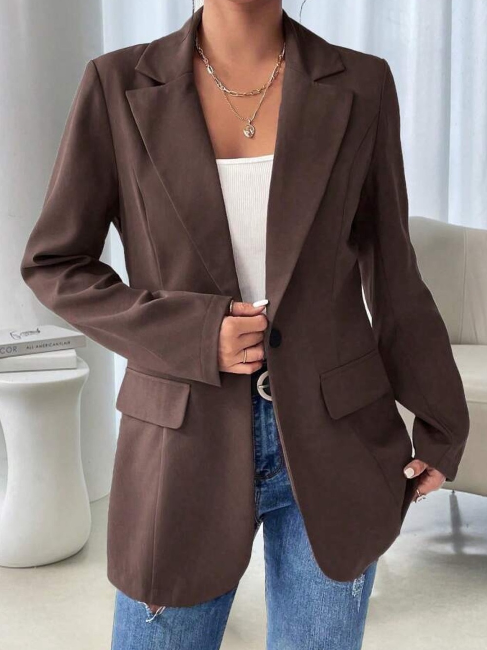 Women's Brown Single-Button Blazer Jacket